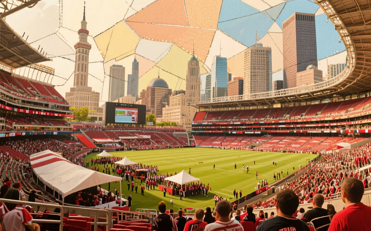 白天城市地标与傍晚球迷区的拼贴式旅行画面，旅行与足球交织的长篇攻略氛围